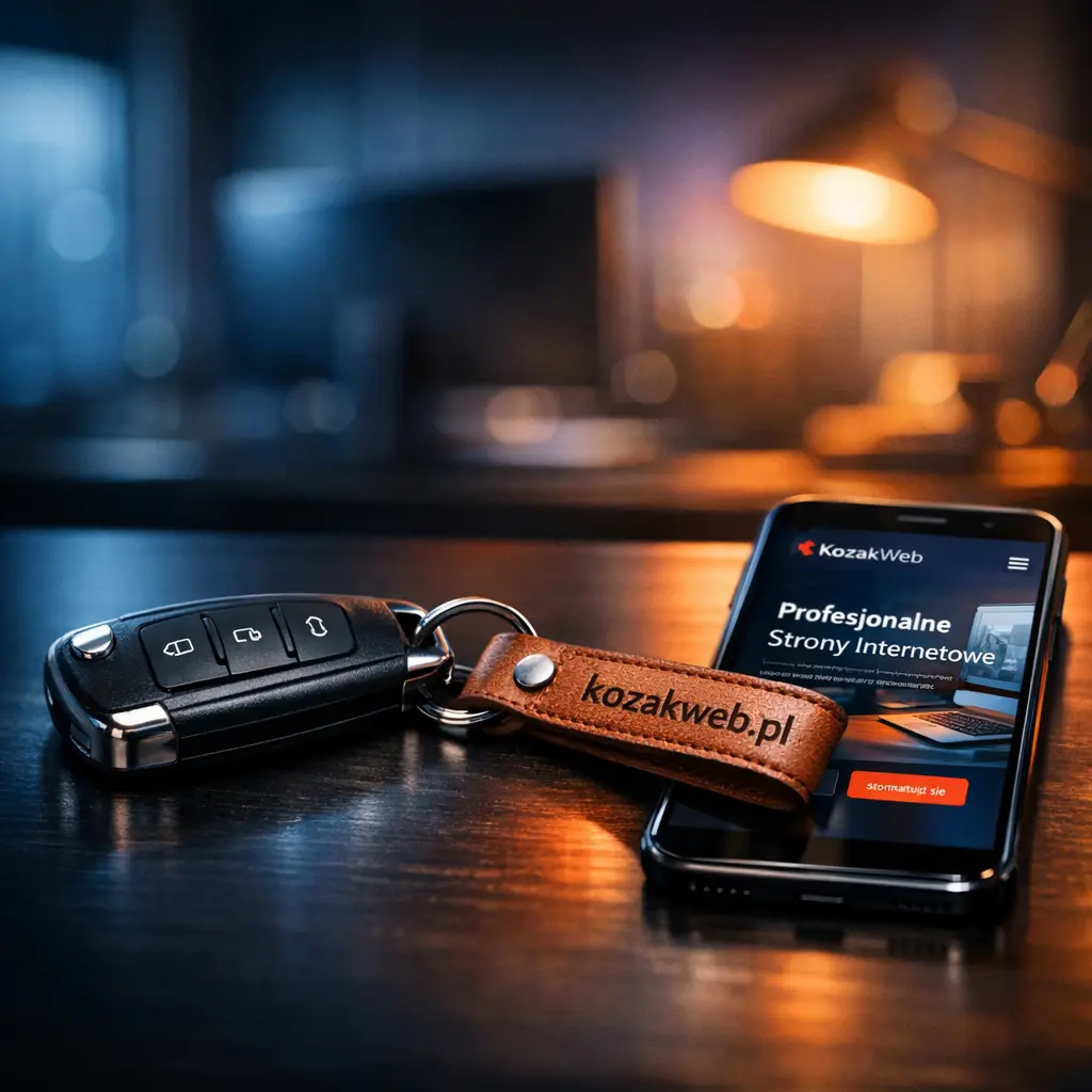 Kluczyki samochodowe z brelokiem Kozakweb leżące obok telefonu, metafora bezobsługowej strony w abonamencie