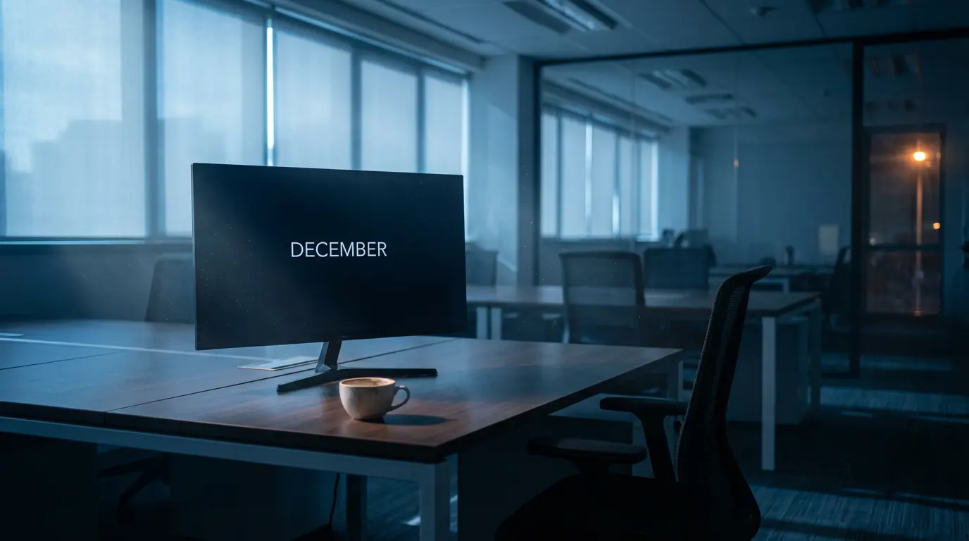 Monitor w ciemnym biurze z napisem grudzień jako symbol zastoju, gdy aktualizacja strony internetowej nie jest robiona przez wiele miesięcy