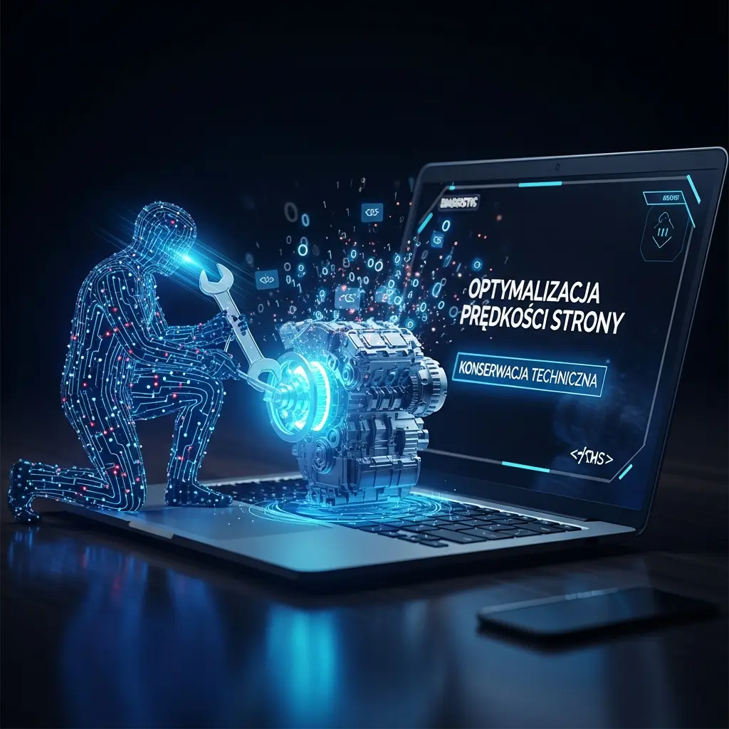 Mechanik cyfrowy optymalizujący silnik strony internetowej, symbolizujący proces przyspieszania WordPressa