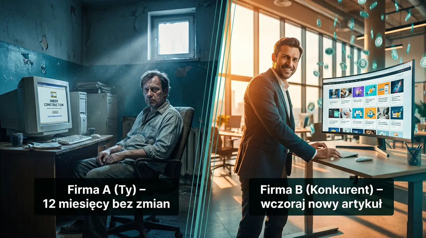 Porównanie dwóch firm – Firma A bez zmian i Firma B, gdzie regularna aktualizacja strony internetowej przekłada się na nowoczesny wizerunek