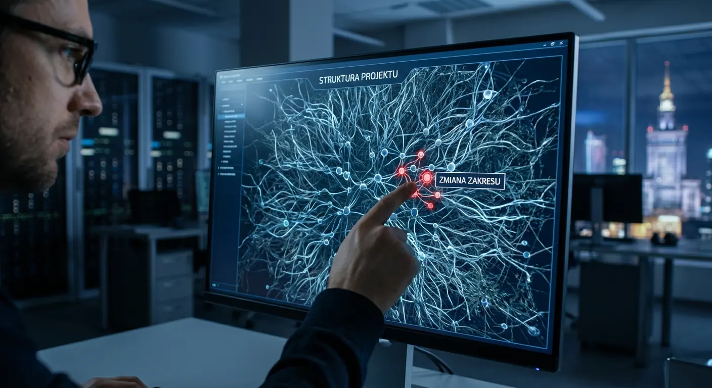 Cyfrowy plan strony internetowej, który rozrasta się w niekontrolowany sposób jak dzikie pnącza, symbolizując zjawisko scope creep