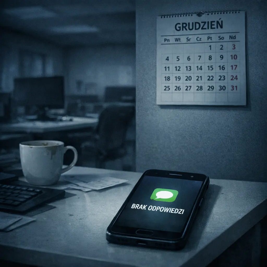 Puste biurko w agencji z pozostawionym kubkiem kawy, na ekranie kalendarz z grudnia bez wpisów, symbolizujące brak kontaktu i przestój w projekcie