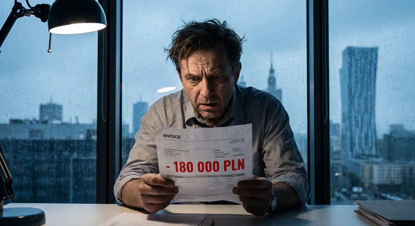 Zbliżenie na dłoń trzymającą fakturę z wysoką kwotą, w tle zszokowany właściciel firmy analizujący koszty strony www