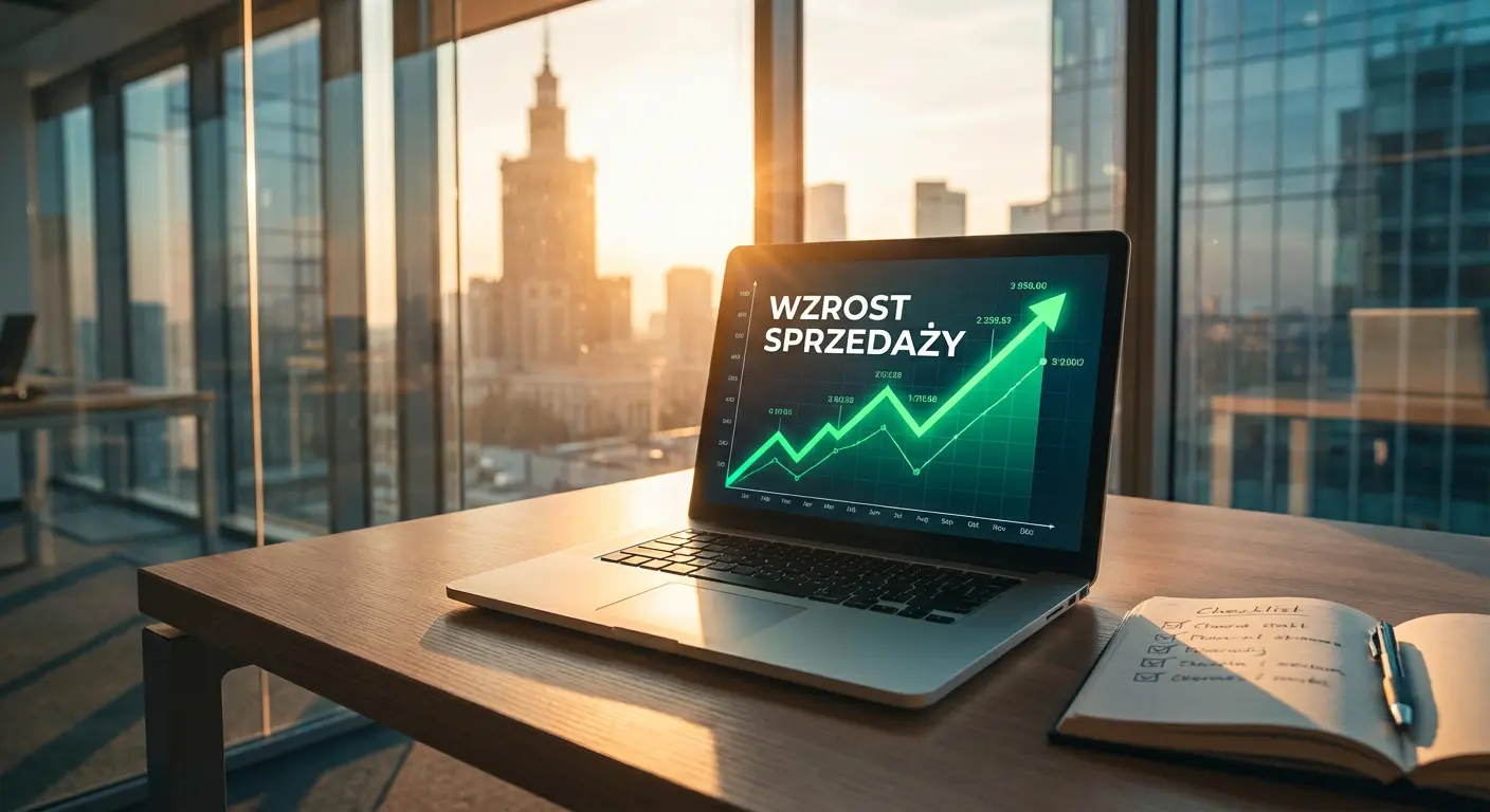 Ekran laptopa pokazujący wykres wzrostu sprzedaży w górę, symbolizujący sukces biznesowy po wdrożeniu zmian na stronie