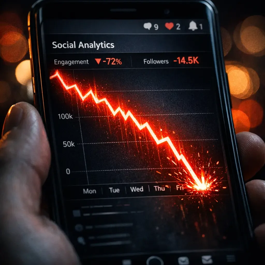 Wykres pokazujący drastyczny spadek zasięgów organicznych na Facebooku w latach 2016-2026
