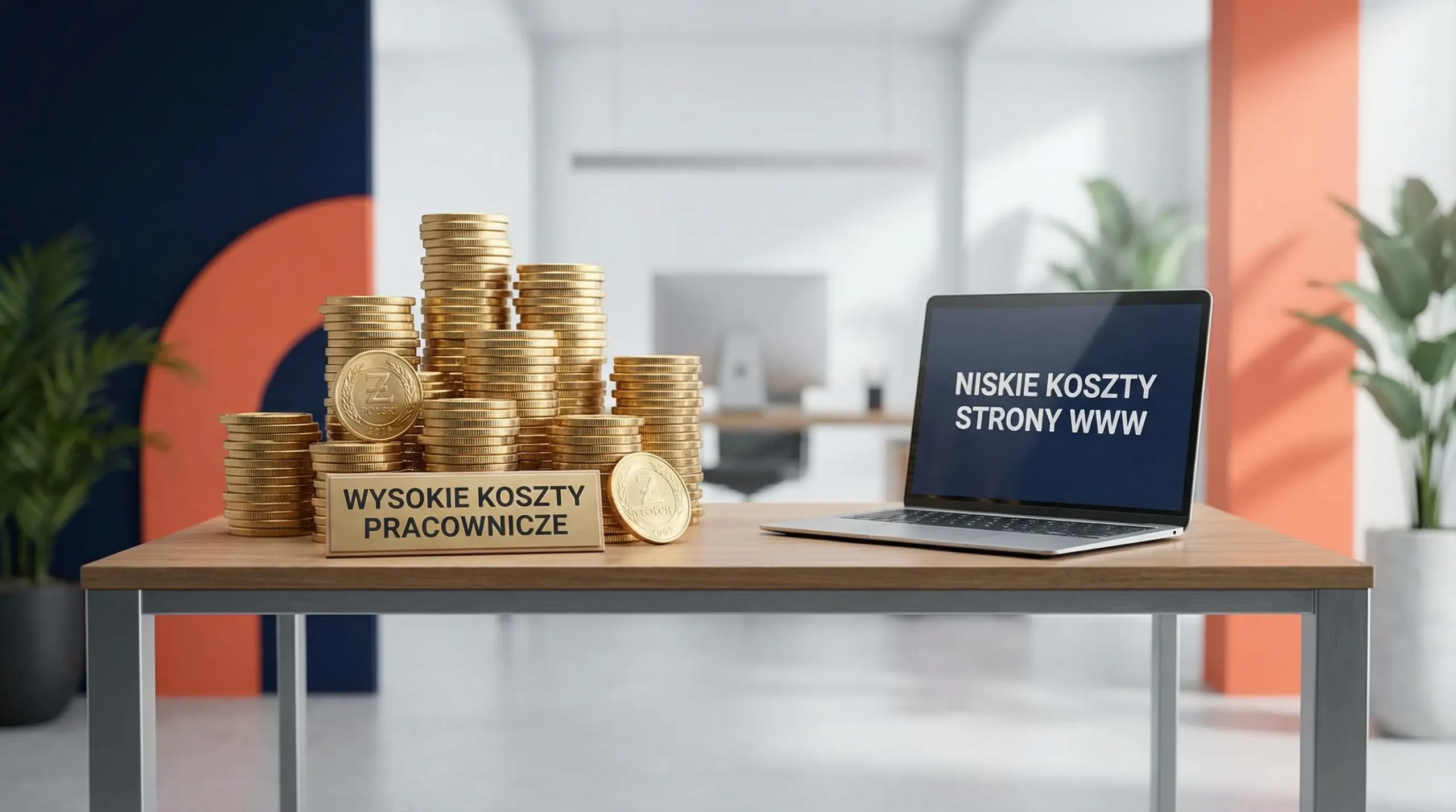 Izometryczny render biurka z monetami vs cienki laptop, pokazujący oszczędność kosztów strony www