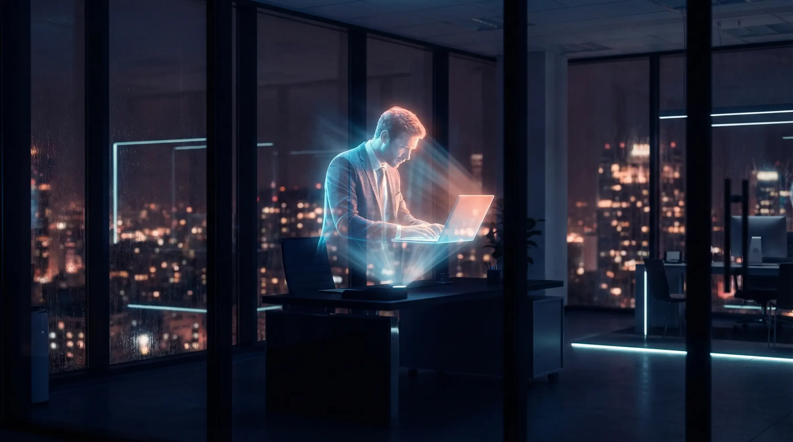 Futurystyczny hologram pracownika biurowego pracującego w nocy, symbolizujący stronę internetową dostępną 24/7