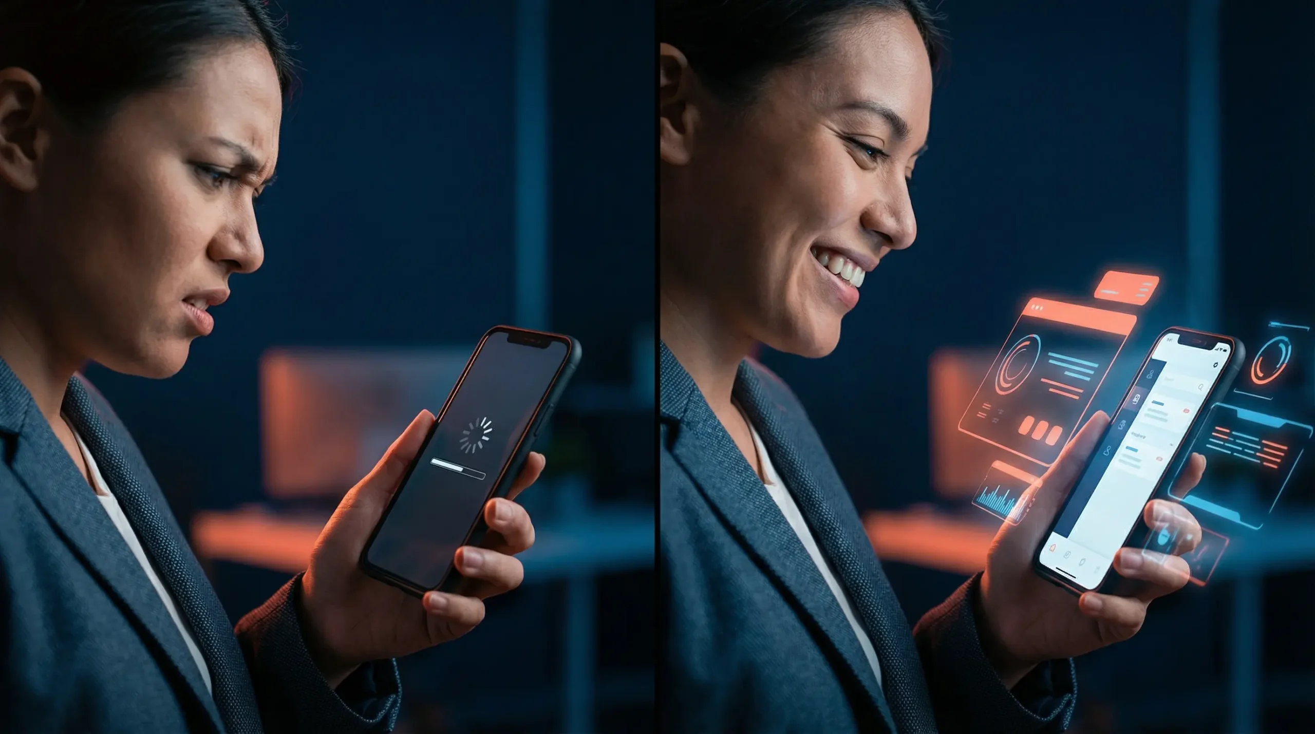 Podzielony ekran: sfrustrowana osoba patrząca na wolną stronę vs zadowolona osoba korzystająca z szybkiej strony mobilnej