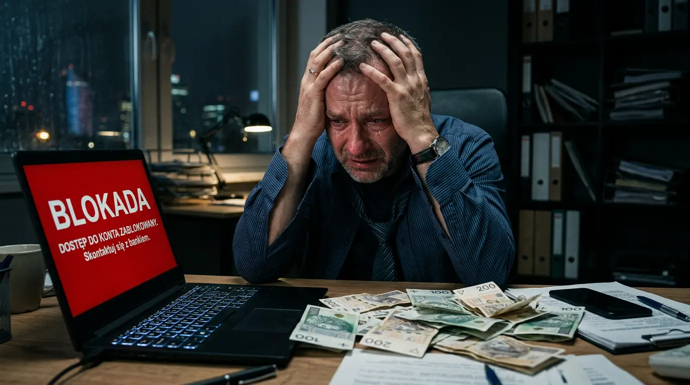 Masz firmę na Facebooku? Nikt Ci tego nie powie 3 Zestresowany polski przedsiębiorca przed ekranem z blokadą konta.