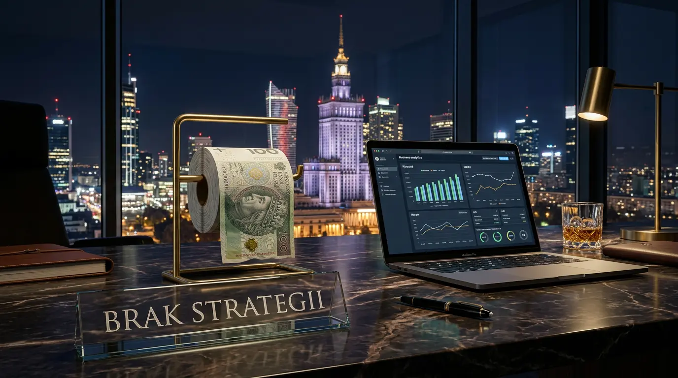 Luksusowe biuro w Warszawie z banknotami PLN jako metafora tego, że Strona bez strategii to drogi papier toaletowy