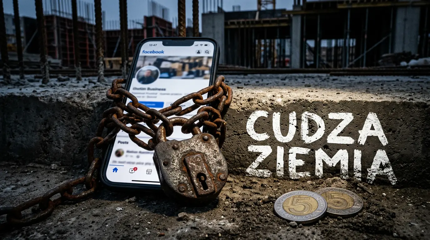 telefon z kłódką na ziemi z napisem "cudza ziemia", to co może się stać jeśli masz firmę na facebooku