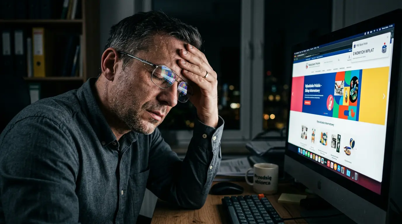 Zmęczony właściciel firmy, którego strona bez strategii ładnie wygląda, ale nie przynosi żadnych zysków.