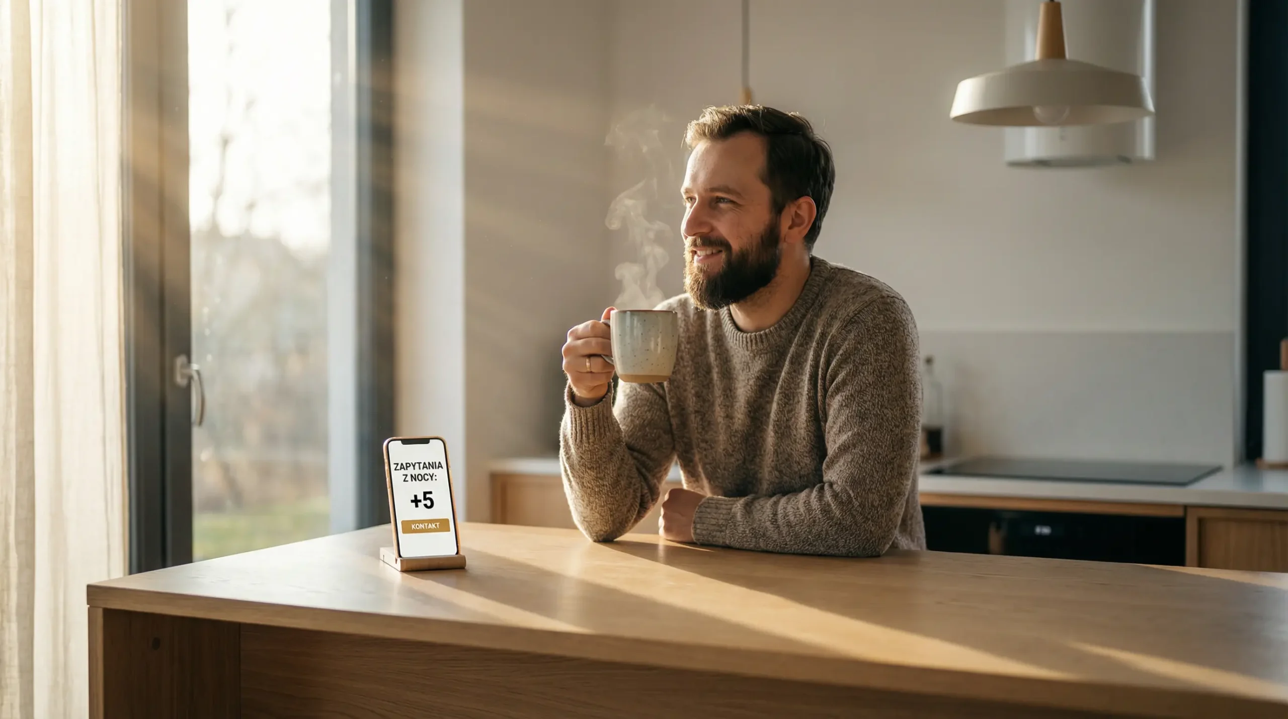mężczyzna pijący kawę dostaje zlecenia na telefon