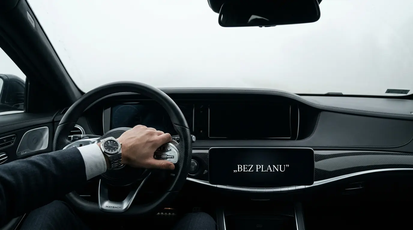 Cyfrowy labirynt z przycisków na ekranie smartfona symbolizujący chaos, jaki generuje strona bez strategii poprzez brak jasnego celu.