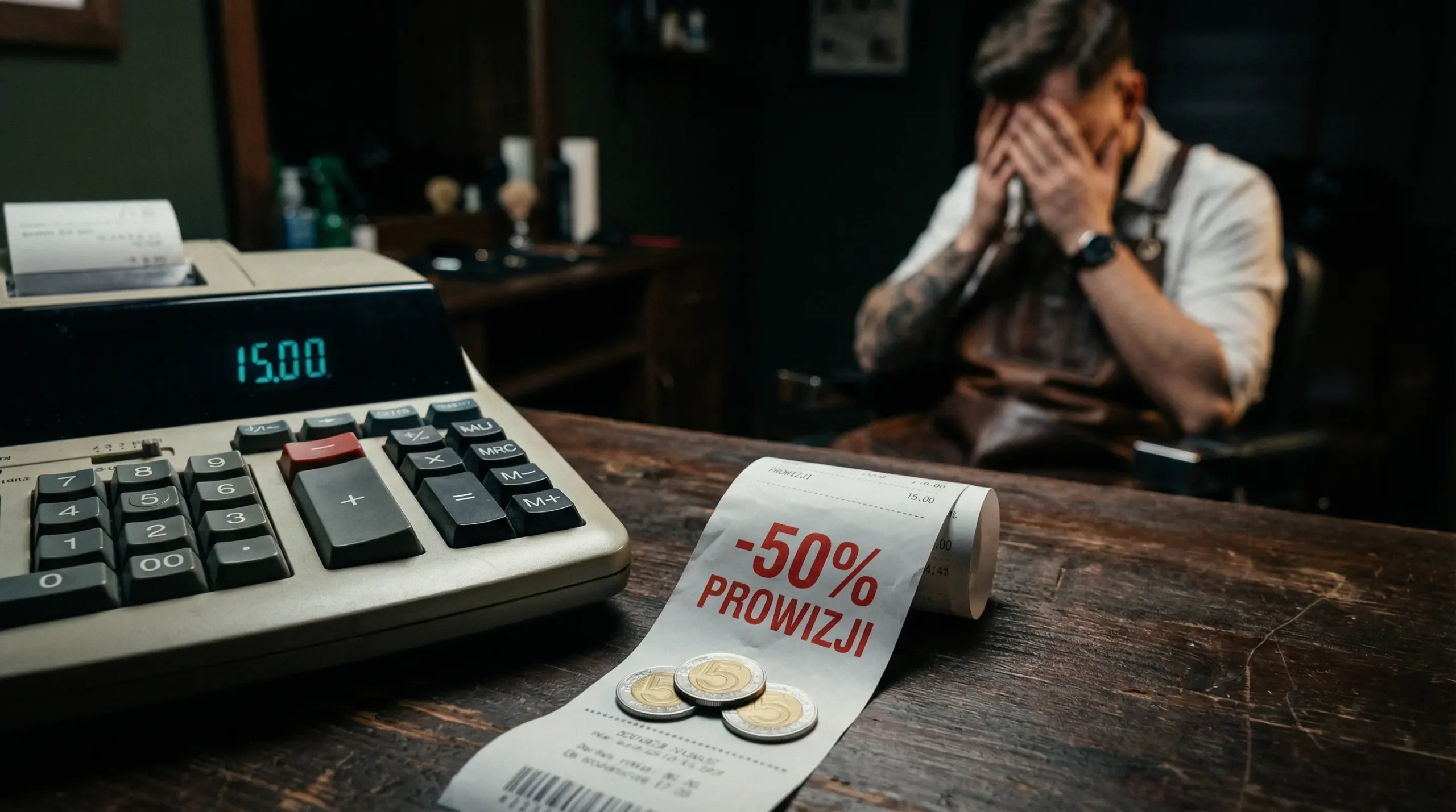 Prowizja od rezerwacji -50%, paragon i barber w tle