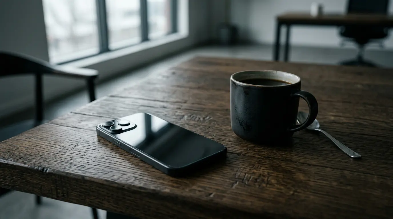telefon leży na stole ze starą kawą
